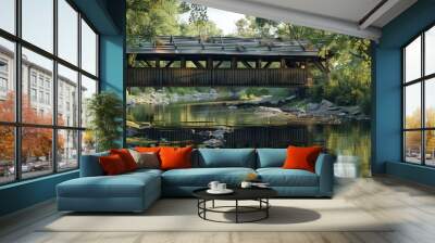 Covered wooden bridge spanning a peaceful creek, 4K hyperrealistic photo Wall mural