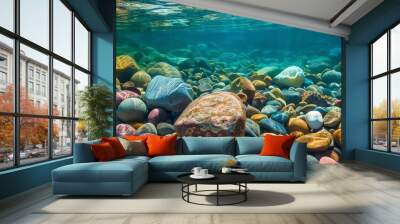 Crystal-clear river with colorful pebbles, 4K hyperrealistic photo Wall mural