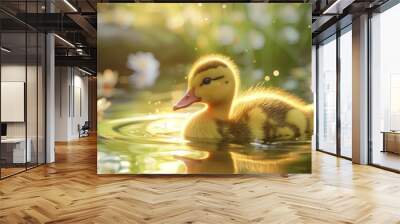 Cute baby duckling in a pond, 4K hyperrealistic photo Wall mural