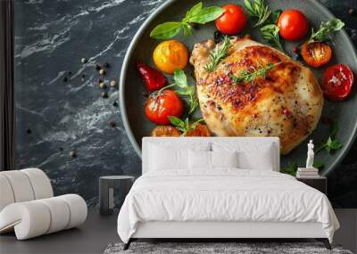 Delicious cooked chicken and vegetables on grey marble table, flat lay with space for text. Healthy meals from air fryer Wall mural