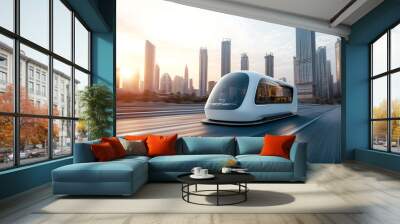 Electric and autonomous bus against futuristic cityscape. Self driving bus. Zero-emission electric bus in the high tech urban environment. Flying futuristic bus. Technology concept. Wall mural