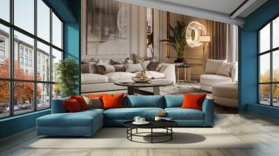 Elegant living room with modern furniture and decor, 4K hyperrealistic photo Wall mural