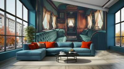 Elegant train carriage interior with vintage design. Historical railway decor concept for luxury travel publications. Classic and refined transportation style.
 Wall mural