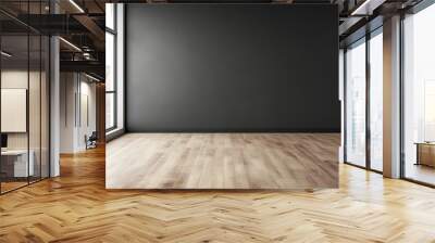 Empty minimalistic dark blank room for design. Empty template for interior product. Empty interior with black walls and wooden floor.  Wall mural