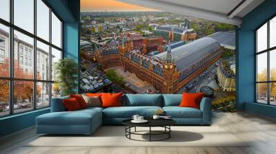 Aerial view of St Pancras and Kings Cross train stations in London Wall mural