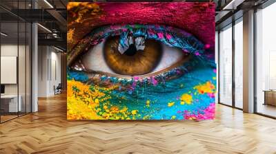 Female face covered by colorful powder. Banner with close up female eye.  Concept of Holi festival in India.
 Wall mural