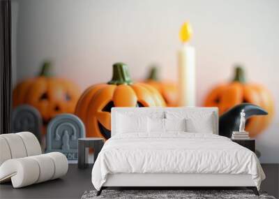 Halloween holiday toy pumpkins, toy caps, toy graves, toy candles, Wall mural