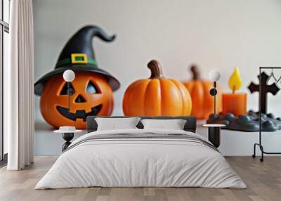 Halloween holiday toy pumpkins, toy caps, toy graves, toy candles, Wall mural