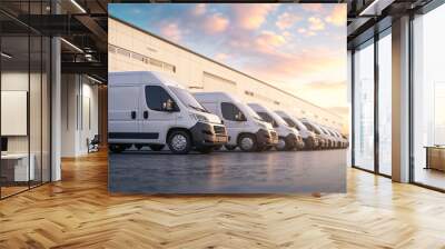 Fleet of white delivery vans parked in a row at sunset. Logistic and transportation concept with copy space. Design for banner, logistic poster, transportation services wallpaper
 Wall mural