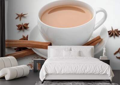 Freshly brewed cup of chai tea on white background, 4K hyperrealistic photo Wall mural