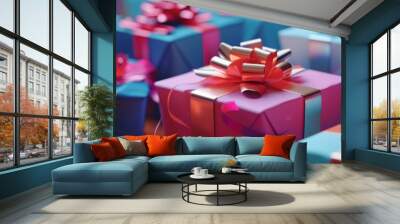 Gift boxes wrapped in bright paper and ribbons, 4K hyperrealistic photo Wall mural