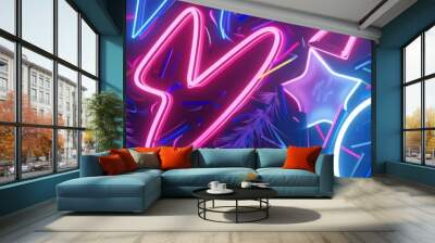 Glowing neon signs with abstract shapes, 4K hyperrealistic photo Wall mural