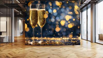 Happy New Year background! Christmas and New Year holidays festive background with copy space.  Two glasses of champagne on the blurry background. Wall mural