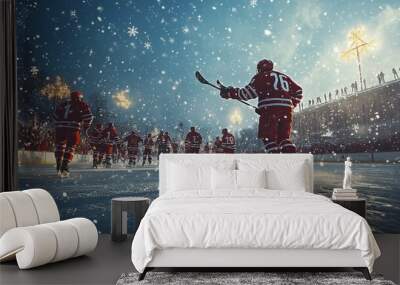 Ice hockey team celebrating a goal on an outdoor rink, with snowflakes falling and a festive crowd in the background. 4K hyperrealistic photo. Wall mural