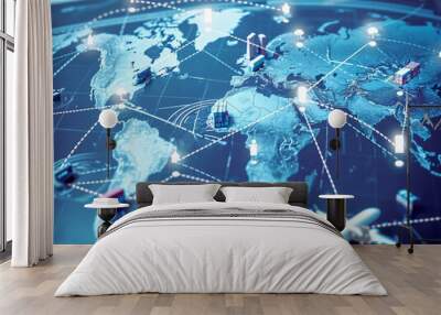 International logistics network with cargo ships and flight paths on a world map. Global trade and transportation concept.
 Wall mural