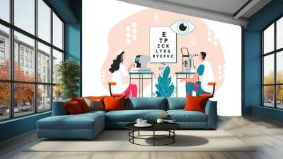 An ophthalmologist checks your vision. The medical concept of Ophthalmology. Flat Cartoon Vector Illustration. Wall mural