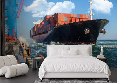 Container ship in port at container terminal. Ships of container ships stand in terminal of port on loading, unloading container. Wall mural