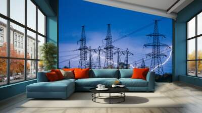 Lightnings over the electrical power lines Wall mural