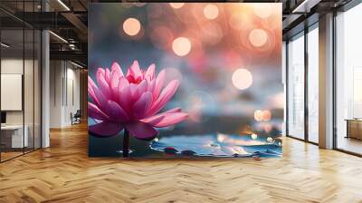 Luminous lotus flower on tranquil water. Digital art with bokeh light effect. Concept Vesak day Buddhist lent, Buddha birthday Wall mural