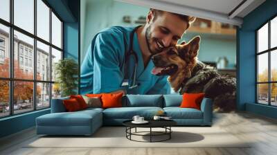 Male veterinarian bonding with German Shepherd dog. Animal healthcare and veterinary profession concept. Design for pet care education, vet clinic promotional material, animal welfare poster
 Wall mural