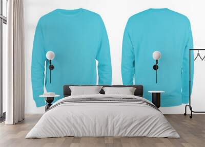 Men's arctic blue blank sweatshirt template,from two sides, natural shape on invisible mannequin, for your design mockup for print, isolated on white background.. Wall mural