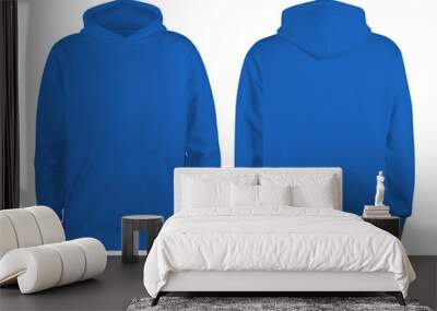 Men's blue blank hoodie template,from two sides, natural shape on invisible mannequin, for your design mockup for print, isolated on white background Wall mural