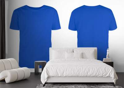 Men's blue blank T-shirt template,from two sides, natural shape on invisible mannequin, for your design mockup for print, isolated on white background... Wall mural