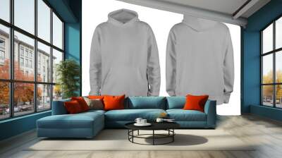 Men's grey blank hoodie template,from two sides, natural shape on invisible mannequin, for your design mockup for print, isolated on white background Wall mural