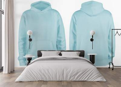 Men's pastel blue blank hoodie template,from two sides, natural shape on invisible mannequin, for your design mockup for print, isolated on white background Wall mural