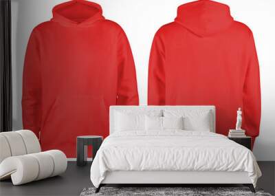 Men's red blank hoodie template,from two sides, natural shape on invisible mannequin, for your design mockup for print, isolated on white background Wall mural