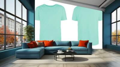 Men's turquoise blank T-shirt template,from two sides, natural shape on invisible mannequin, for your design mockup for print, isolated on white background.. Wall mural