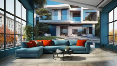 Modern luxury villa exterior in minimal scandinavian style, blue colors Wall mural