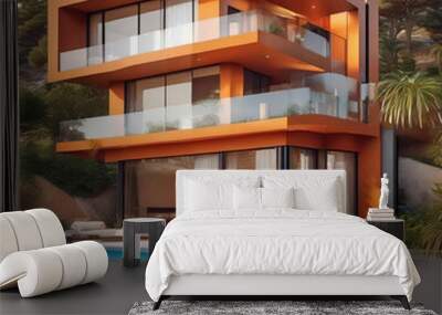 Modern luxury villa exterior with big swimming pool, orange colors Wall mural