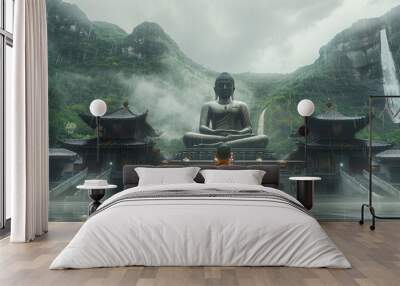 Monk meditating before Buddha statues and waterfalls. Concept Vesak day Buddhist lent, Buddha birthday. Banner with copy space Wall mural