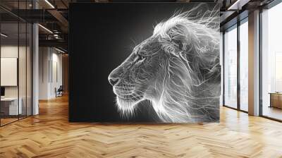 Monochrome profile of a digital art lion with dynamic line design on a black background. Wildlife elegance concept. Design for poster, digital art, and print Wall mural