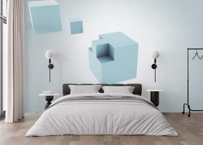 Abstract light blue cube assembling. Missing part or addition concepts, background. 3D rendering Wall mural