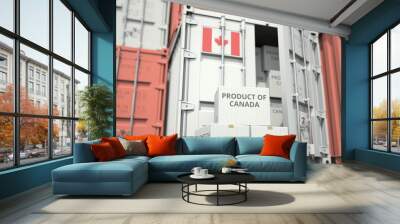 Cardboard boxes with goods from Canada and cargo containers. Industry and logistics related conceptual 3D rendering Wall mural