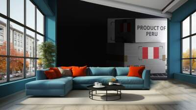 Cartons with PRODUCT OF PERU text and flag on the laptop, black background. 3D rendering Wall mural