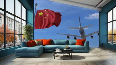 Commercial airplane landing behind waving Chinese flag. Travel to China conceptual 3D rendering Wall mural