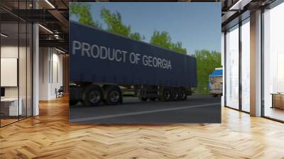 Moving freight semi trucks with PRODUCT OF GEORGIA caption on the trailer. Road cargo transportation. 3D rendering Wall mural