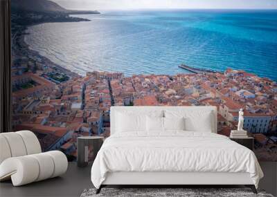 Aerial view of Cefalu Historical Center and sea coastline. Sicily, Italy Wall mural