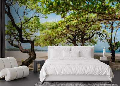 Landscape with a beautiful tropical beach surrounded by tree leaves. White sand, azure ocean and blue sky. Nusa Dua, Bali, Indonesia Wall mural