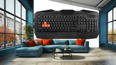 Photo of a black gaming keyboard isolated on white background, top view Wall mural