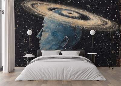 profile of a human head with a galaxy brain. vintage print style illustration for cosmic consciousne Wall mural