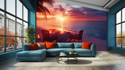 Romantic dinner on the beach at sunset, with a table set for two and candles illuminating the scene. 4K hyperrealistic photo. Wall mural