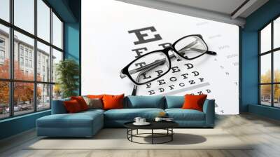 eye glasses on eyesight test chart background close up Wall mural