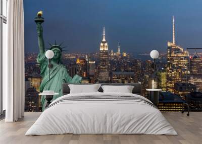 United States of America concept with statue of liberty in front of the New York cityscape at night Wall mural