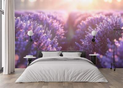 Row of lavender bushes in bloom, 4K hyperrealistic photo Wall mural