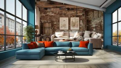 Rustic living room with exposed brick walls and wooden beams, 4K hyperrealistic photo Wall mural