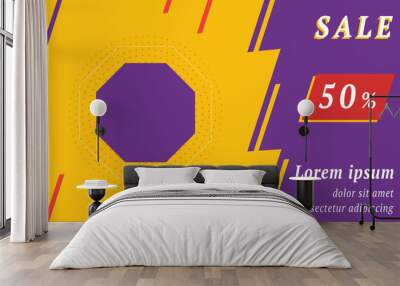 Sale promotion banner with place for your text. On the left is the octagon symbol. Promotional text with discount percentage on the right side. Vector illustration on yellow background Wall mural